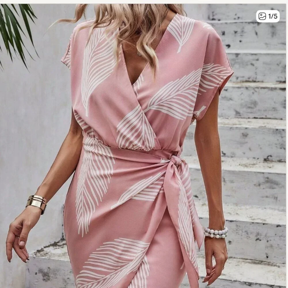 Pink Boho Women's Tropical Print Batwing Sleeve Knot Side Wrap Dress - Picture 1 of 5